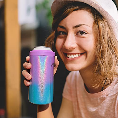 3-In-1 Insulated Can Cooler - Signice Double Walled Vacuum Insulator Stainless Steel Slim Can Cooler For 12 Oz Skinny Tall Can/Standard Regular Can/Beer Bottle (Glitter Purple Blue) #TOP5