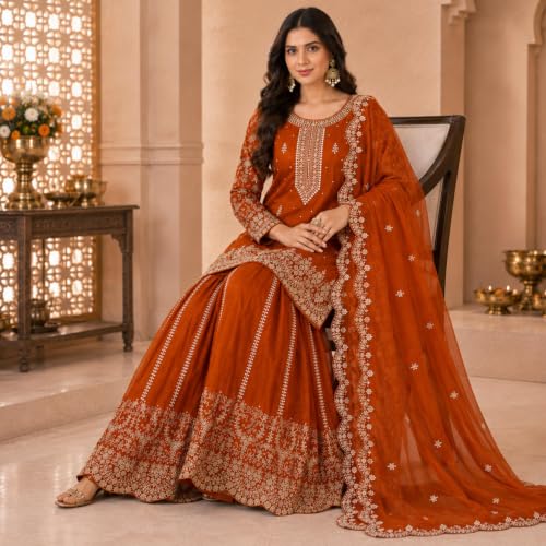 Image of Women's Ethnic Plazzo Suit Set with Kurta & Dupatta | Fendy Fabric Embroidered Kurta Set | Round Neck 3 /4 Sleeve Dress | Elegant Outfit