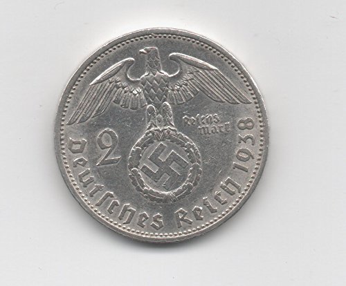 Third Reich 2 Reichsmark Hindenburg Coin - 1938 German 2 Marks - Nazi Silver Swastika Coin