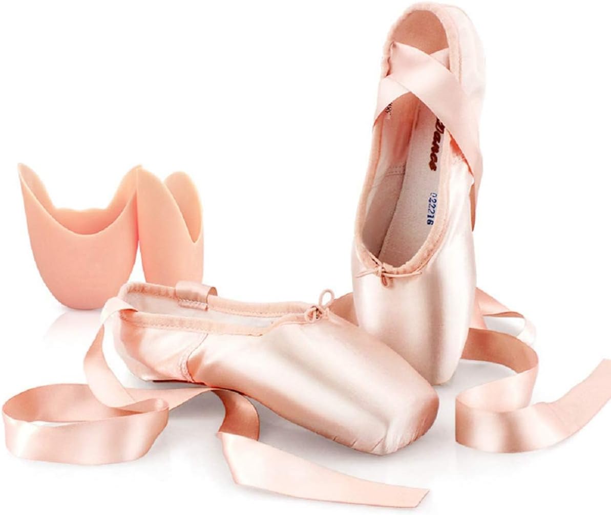 Satin Pointe Shoes for Girls and Ladies Professional Ballet Dance Shoes with Ribbon for School or Home (Choose One Size Larger)