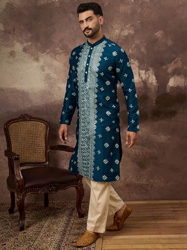 Image of Men's Solid Calf Length Silk Blend Embroidered Kurtas | Men | Kurtas for Mens | Straight Fit Kurta for Men's