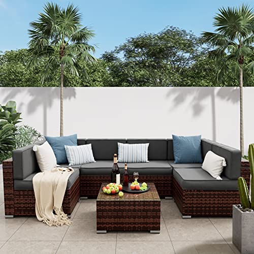 Amopatio Patio Furniture Set 7 Pieces Patio Conversation Set Outdoor Sectional Wicker Rattan Sofa With All-Weather Cover, Patio Furniture With Pillows Fits Porch Garden Backyard Balcony(Gray) #TOP6