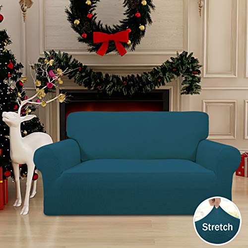 Image of Easy-Going Stretch Loveseat Slipcover 1-Piece Sofa Cover Furniture Protector Couch Soft with Elastic Bottom for Kids Polyester Spandex Jacquard Fabric Small Checks (Loveseat, Peacock Blue)