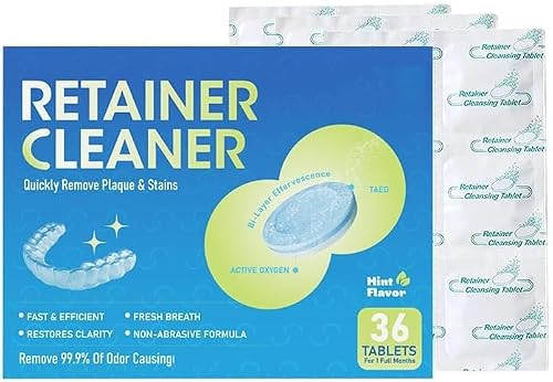 Retainer Cleaner Tablets, 36 Count, Mint Flavour, Removes Plaque & Stains, Non-Abrasive Formula for Dentures, Mouth Guards & Braces