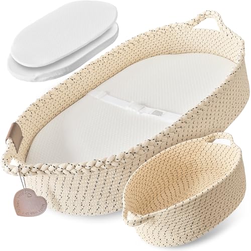 Image of Kiddo Vibes XL Reinforced Baby Changing Basket Set w/Matching Diaper Caddy, Comfy Pad & Extra Waterproof Bamboo Jacquard Cover, Moses Baskets for Newborn