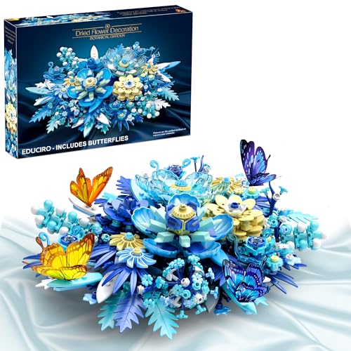 Flower Blautöne Rosen Blumen Bauspielzeugsets, Home und Zimmer Tischdeko oder Wanddeko, Valentinstag-, Jahrestag- oder Ostergeschenk für Frauen, Männer, Partner, Freundin...