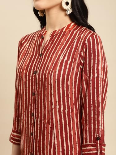 Image of rangita Women's Rayon Relaxed Fit Straight Calf Length Striped Front Slit Kurti | Kurta