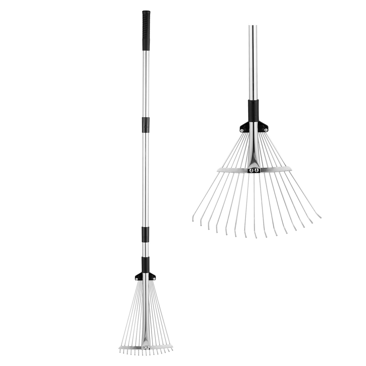 60 Inch Rake for Leaves Stainless Steel with 15 Metal Tines 7-16" Expandable Head Rakes Adjustable Handle for Lawn Leaf Rake Yard Tools for Collecting Leaves, Grass Clippings, Garbage
