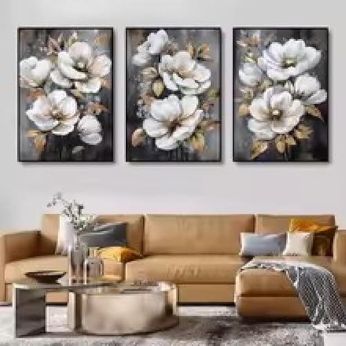 Peinture sur toile fleurs rétro blanc et or XINBAO 21x30 cm encadrée pour salon