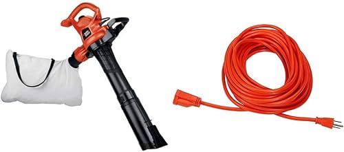BLACK+DECKER 3-in-1 Leaf Blower, Leaf Vacuum and Mulcher, Up to 230 MPH, 12 Amp, Corded Electric (BV3600) and Amazon Basics 50-Foot 3-Prong Vinyl Indoor/Outdoor Extension Cord - 13 Amps, 1625 Watts, 125 VAC, Orange