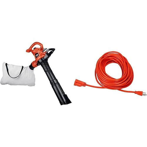 BLACK+DECKER 3-in-1 Leaf Blower, Leaf Vacuum and Mulcher, Up to 230 MPH, 12 Amp, Corded Electric (BV3600) and Amazon Basics 50-Foot 3-Prong Vinyl Indoor/Outdoor Extension Cord - 13 Amps, 1625 Watts, 125 VAC, Orange