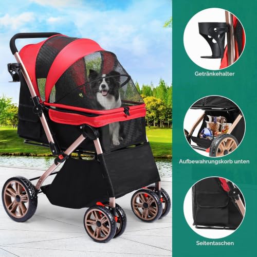 YITAHOME Faltbarer Hundebuggy für Hunde, Haustierbuggy mit umkehrbarem Griff, Netzfenstern, Getränkehalter, 360° drehbare EVA-Räder mit Bremsen (Rot)