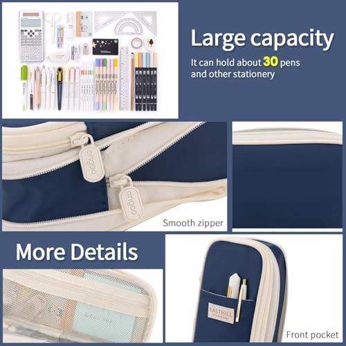 Image of PRANIJ Cute Aesthetic Large Capacity Expandable Pencil Case Pouch with Zipper Portable Office Stationery Desk Organizer for School Collage Boys Girls Adults Women Men (Navy Blue)