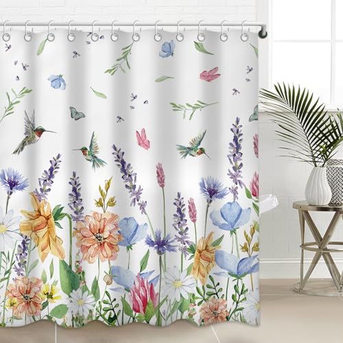 Moutina Hummingbird Floral Shower Curtains for Bathroom, Spring Summer Bathroom