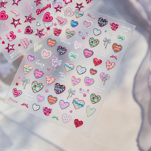 Image of Colorful Heart Nail Stickers - Love Lettering & Bow Design 5D Sparkle Self Adhesive Nails Decals for Women Cute Manicure DIY Decoration (1 Sheet)