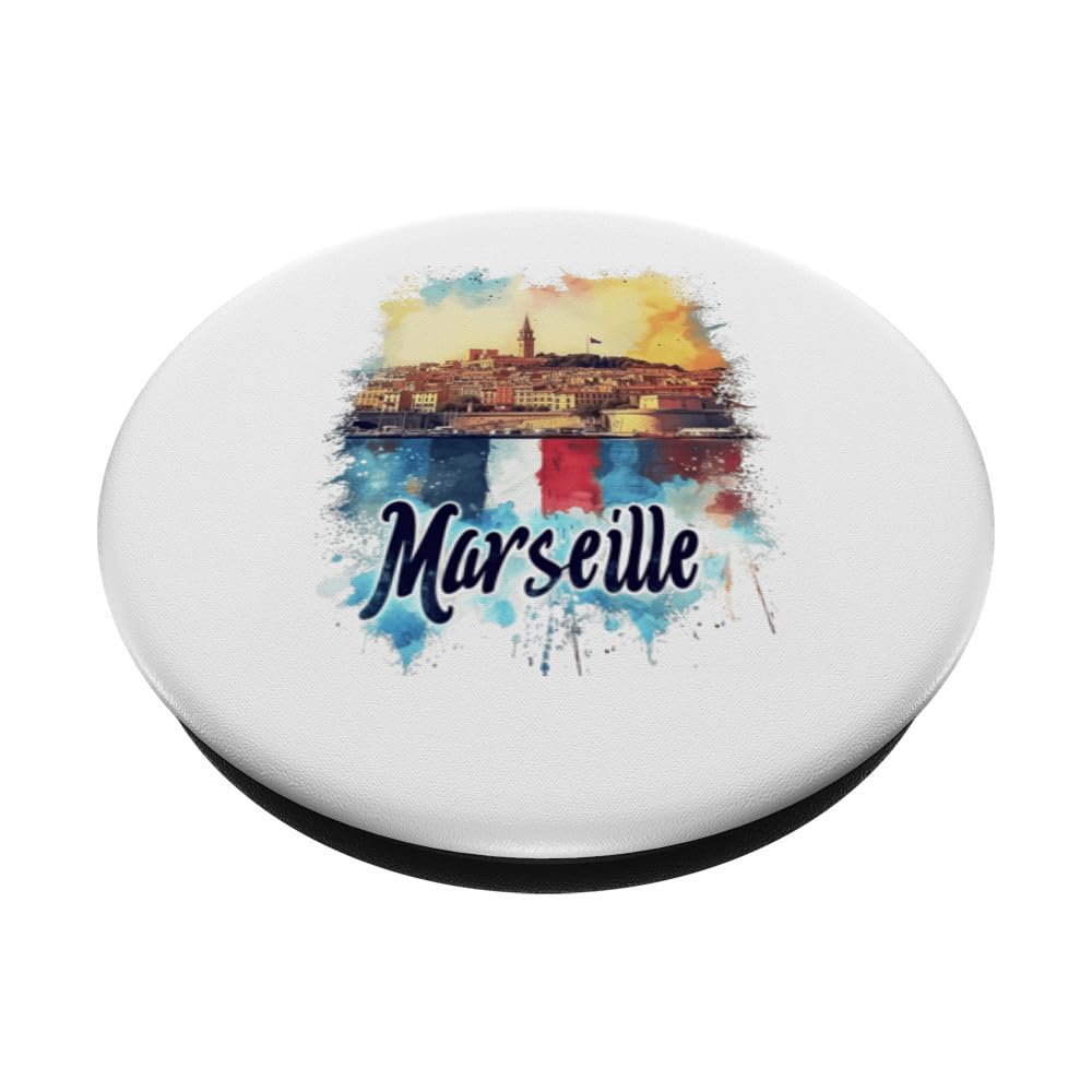 Marseille France Watercolor Souvenir Panoramic Travel PopSockets Swappable PopGrip, Black - Image 2