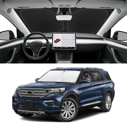 Image of Custom Fit Windshield Sun Shade for 2020-2026 Ford Explorer | Blocks UV Rays and Sun Heat, Helps Reduce Interior Temperature, Protects Dashboard from Fading, Folds Easily for Storage