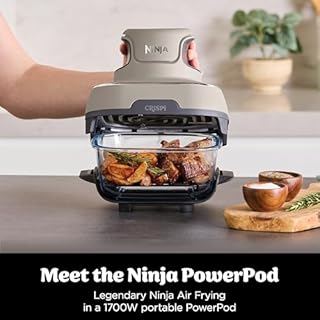 Ninja CRISPi Portable Air Fryer, 3.8L, 4-in-1: Air Fry, Roast, Keep Warm, Recrisp, Space Saving Compact Design, 2x Removable Glass Containers & Lids, 1700W, Stone FN101UKST