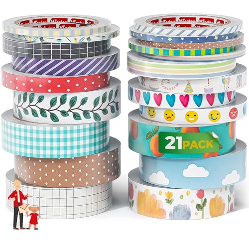 Ruban Washi pour journal intime XFasten, lot 21 rouleaux de ruban adhésif Washi coloré en vrac