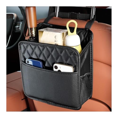 DXNQ Car Seat Back Organizer, Large Capacity Foldable Car Seat Back Hanging Bag with 3 Extra Pockets, Waterproof Leather Auto Seats Storage Organizer, Car Travel Essentials Accessories (Black)
