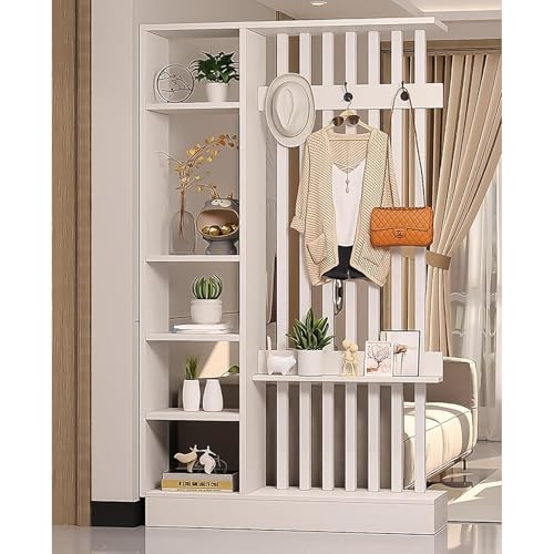 Moderner Raumteiler aus Holz mit Regal & Garderobenleiste – freistehender dekorativer Paravent für Home Office & Wohnzimmer – Stilvolle Raumteiler & Vitrine