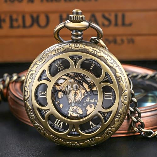 Image of Black and Silver Roman Numeral Dial Mens Mechanical Moon Phase Design, Moon Sun Pattern Skeleton Mechanical Pocket Watches for Men with Case and Chain - Black