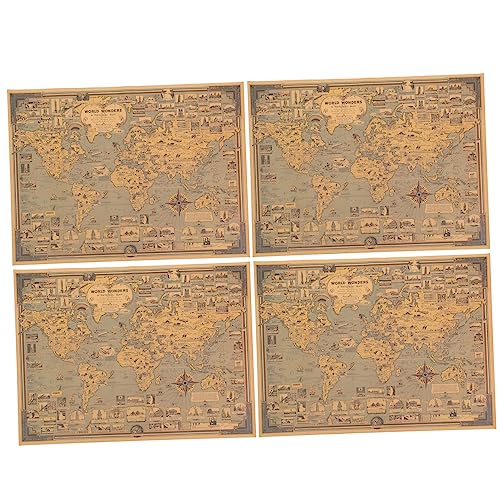 Generic 4St Världskarta Affisch Rum Affischer För Män Dekorativ Affisch Inomhusaffisch Vintage Kraftpapper Karta Över Världen Affisch Kaffe Väggmålning World Wonders Affisch