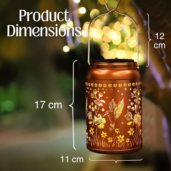 Image of Solar Hanging Lantern Outdoor Waterproof, Metal Jar Light with Hummingbird Floral Cut Design, Warm LED Decorative Garden Light for Balcony, Patio, Yard & Gift for Mothers Day (1)