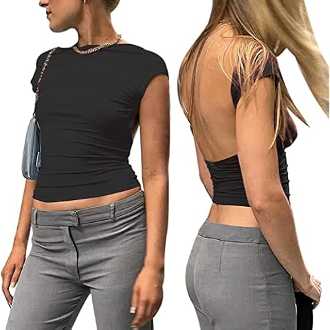 ForeFair Women Sexy Backless Short Sleeve Slim Fit Crewneck Summer Casual Y2K Crop Tee, Black, S Cover