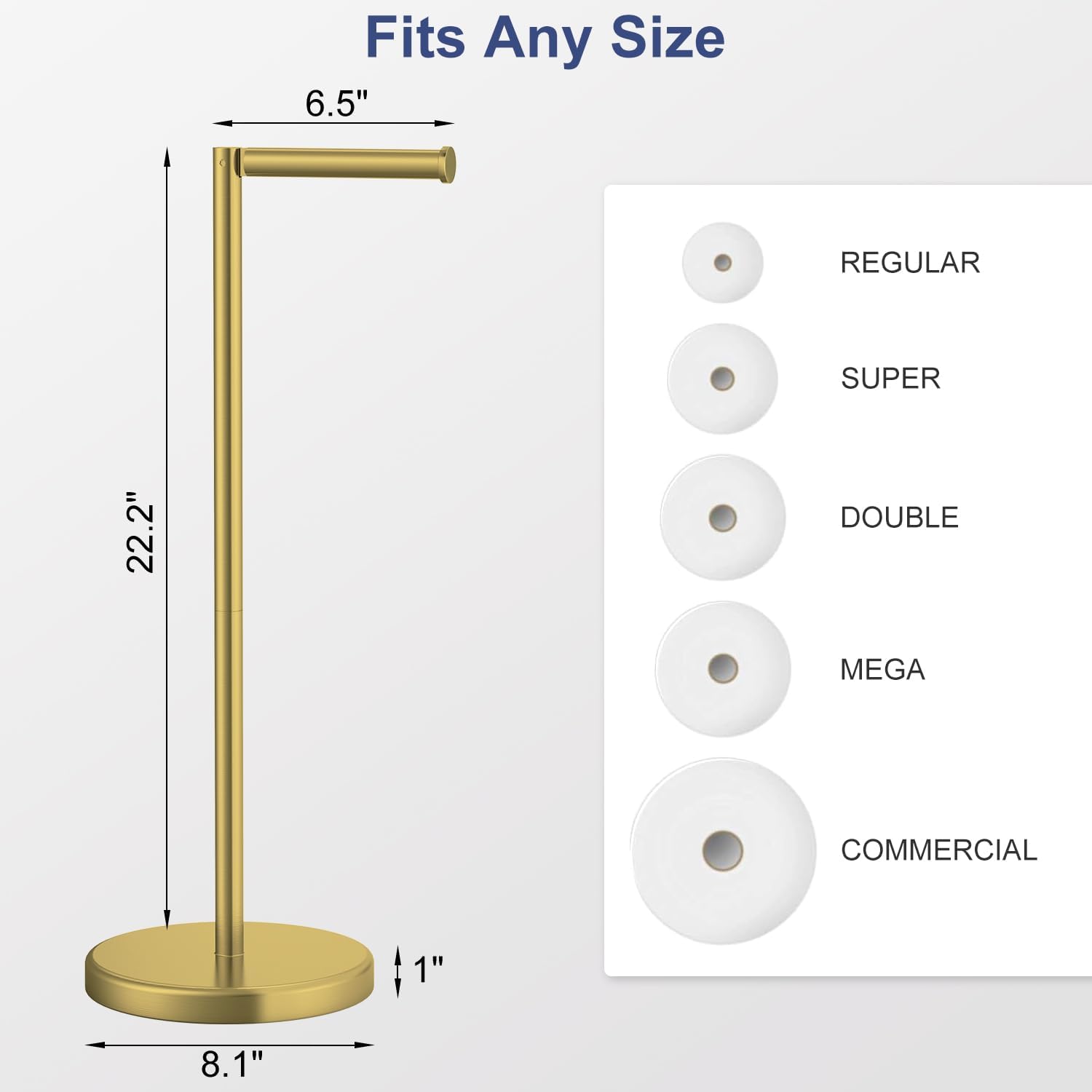 Brushed Gold Toilet Paper Holder Stand, 22.2" H Free Standing Toilet Paper Roll Holder Storage Shelf with Weighted Base, Rustproof Stainless Steel Bathroom Tissue Storage for Mega Rolls