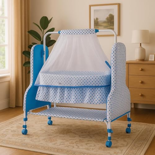 KIDBITKART Premium Jumbo Baby Cradle New Born Baby Sleep Swing Cradle/Mattress & Wheels and Cradle for 0-13 Months Baby Boys and Girls (Blue Panda) (Blue Panda)