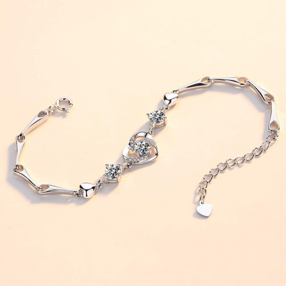Pulsera de Plata con Cristales de corazón para Mujer, Pulsera de Plata Ajustable con dijes, 20 cm / 8 Pulgadas