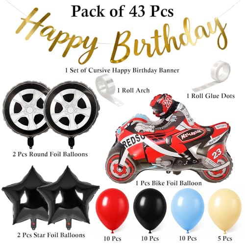Image of Bike Theme Birthday Decoration Kit with Gold Happy Birthday Banner - Racing Bike Theme Party Decoration for Kids Boys Birthday - Pack of 43 Pcs