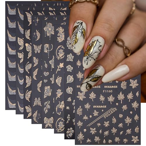 8 Sheets Fall Nail Art Stickers 3D Self-Adhesive Bronzing Nail Decals Gold Glitter Flower Maple Leaf Butterfly Nails Designs Thanksgiving Nails Supplies for Women French Tip Nail Art Decorations