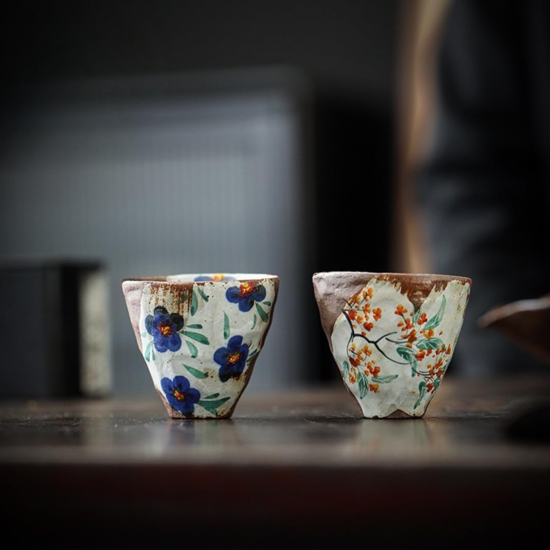 Hand-Painted Rustic Wabi-Sabi Clay Tea Cup, Vintage Japanese Kung Fu Tea Cup, Wood-fired Pottery for Gongfu Tea Ceremony (Osmanthus)