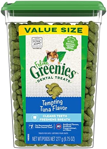 FELINE GREENIES Adult Dental Cat Treats, Tempting Tuna Flavor, 9.75 oz. Tub