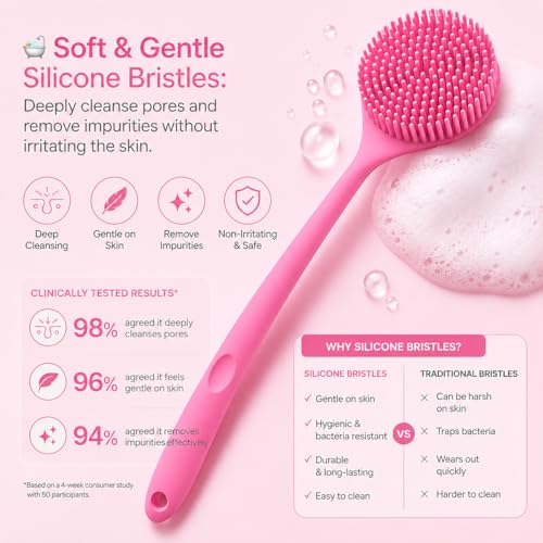 Image of ANTIL'S Soft Silicone Back Scrubber with Long Handle for Shower & Bath | Flexible Exfoliating Brush with Gentle Bristles for Smooth Skin | Body Scrubber for Men, Women & Boys | Ideal for Body Wash & Bathing (PINK) (PINK)