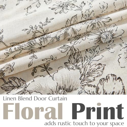 Image of jinchan Floral French Door Curtain Farmhouse Linen for Sliding Glass Door 72 Inches 1 Panel with Tieback Light Filtering Curtain for Window Patio Rod Pocket Black on Linen