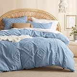 Bedsure Boho Comforter Set King - Mineral Blue Tufted Bedding Comforter Set for Kids, 3 Pieces Farmhouse Shabby Chic Embroidery Bedding Set, Soft Geometric Pattern Comforter for All Seasons