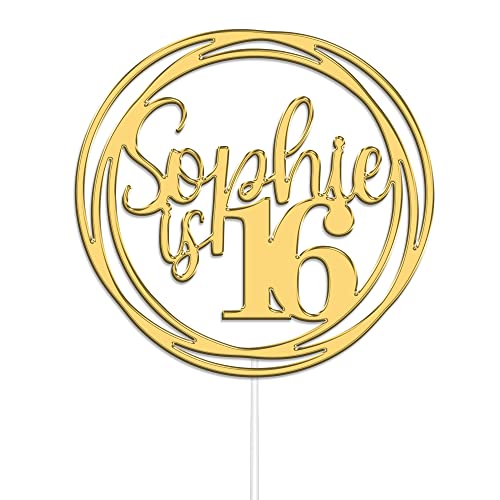 Personalised Round Happy Birthday Acrylic Cake Topper by KreateSquare | Custom Colour Any Name & Any Age Acrylic Cake Decoration for 1st 10th 16th 18th 20th 21st 30th 40th (Gold)