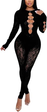 Womens Lace Rhinestone Cutout Jumpsuit
