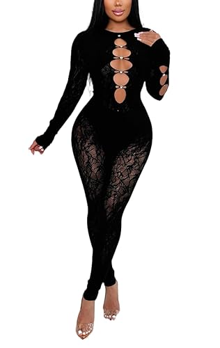 Black Lace Jumpsuits for Women Sexy, Long Sleeve, Cutout Design, Bodycon Fit - Small - Black