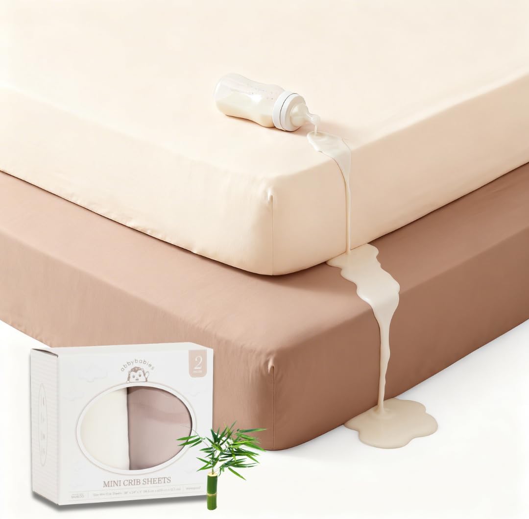 Bamboo Crib Sheets 2 Pack, Mini Crib Sheets 38x24x8 Jersey Knit, Waterproof Crib Sheets with Laminated TPU, Neutral Baby Bedding for Boys and Girls (Neutral: Nude, Brown)