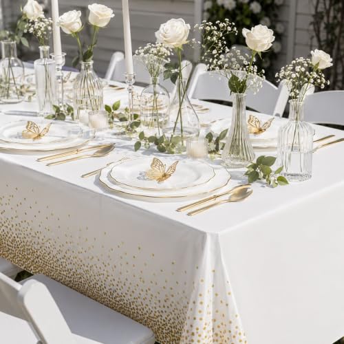 Image of Blue Orchards White and Gold Dots Table Cover (Pack of 3 with 20 glue dots) - 54 inchx108 inch XL - Disposable Bridal Shower Tablecloth, Wedding, Graduation Decoration, Picnic & Golden Birthday Party Supplies