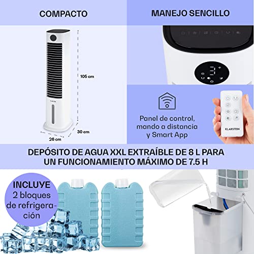Klarstein Skytower Grand Climatizador Evaporativo – 4-en-1 Ventilador, Enfriador, Purificador & Humidificador, 480 m³/h, Wi-Fi & App Control, Depósito 8L, Oscilación, para Hogar Inteligente, Blanco - imagen 6