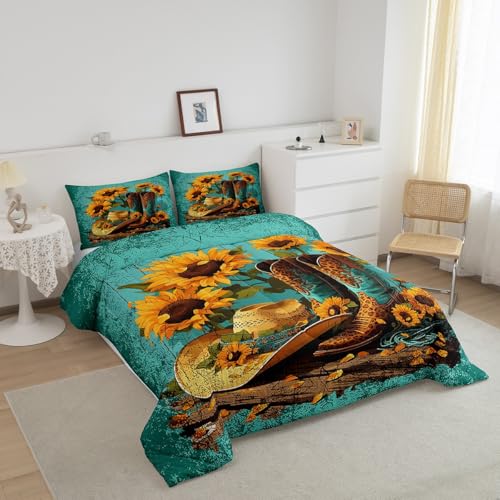 Image of Feelyou Queen Western Cowboy Bedding Set Kids Sunflower Comforter Set Boys Girls Cowboy Boots Bedding Set Teens Wooden Plank Duvet Set Bedroom Decor Microfiber Bed Set