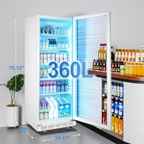 Image of Tylza Commercial Refrigerator with Glass Door Display Beverage Fridge, 360L Upright Beverage Cooler Merchandiser with Rebound Door, Fast Cooling, Low Noise, White