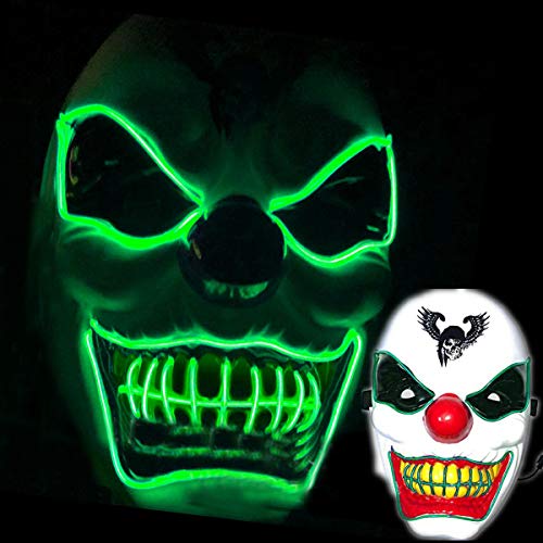 Led Light Up Clown Mask, Halloween Led Flashing Clown Mask, LED Mask Halloween Scary Mask Clown Cosplay LED Creepy Costume Mask for Halloween Festival Party, Plastic Mask, Adult Women Men Teens Green