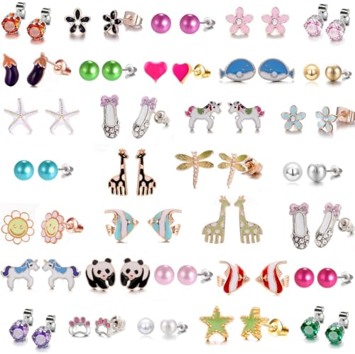 Image of 33 Pairs Stainless Steel Cartoon Earrings for Girls - Hypoallergenic Colorful Stud Earing Set, Mix & Match Cute Earring for Teens, Kids, Doll Dressup Accessories