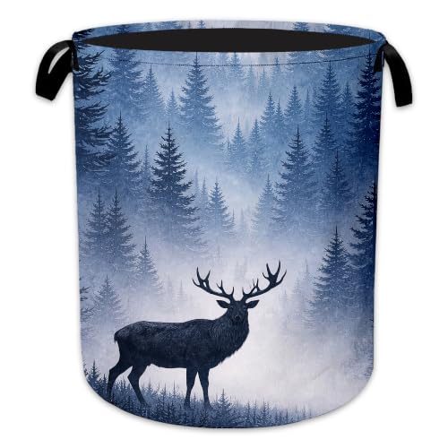 Image of Deer Forest Laundry Basket, Winter Landscape Collapsible Laundry Hamper Waterproof Oxford Cloth With Handles, Clothes Storage Bucket For Bathroom /Bedroom 16 inch x 20.8 inch